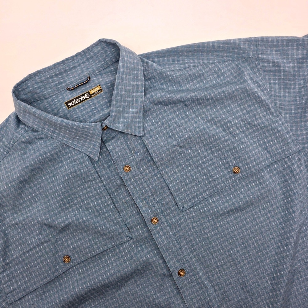 Solaris Mens 3XB Blue Grid Short Sleeve Button Down Fishing Hiking Shirt Stretch